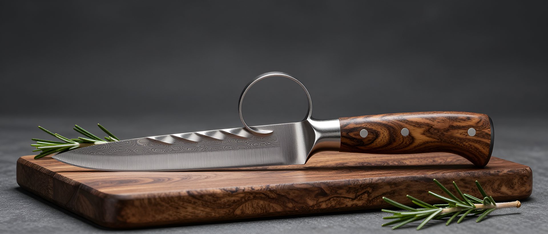 A chef's knife with a damascus blade and a steel ring rising from its spine, lying on a walnut board with rosemary